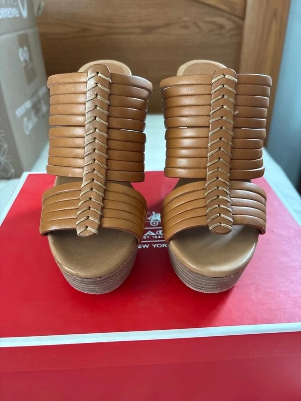 Coach Tan Woven Leather Platform Wedge Mule